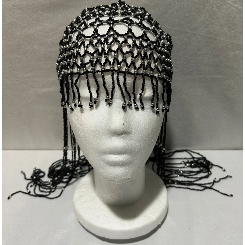 Black‎ Beaded Cleopatra Festival Headpiece Mesh Fringe Hair Cap Boho Goth Gatsby